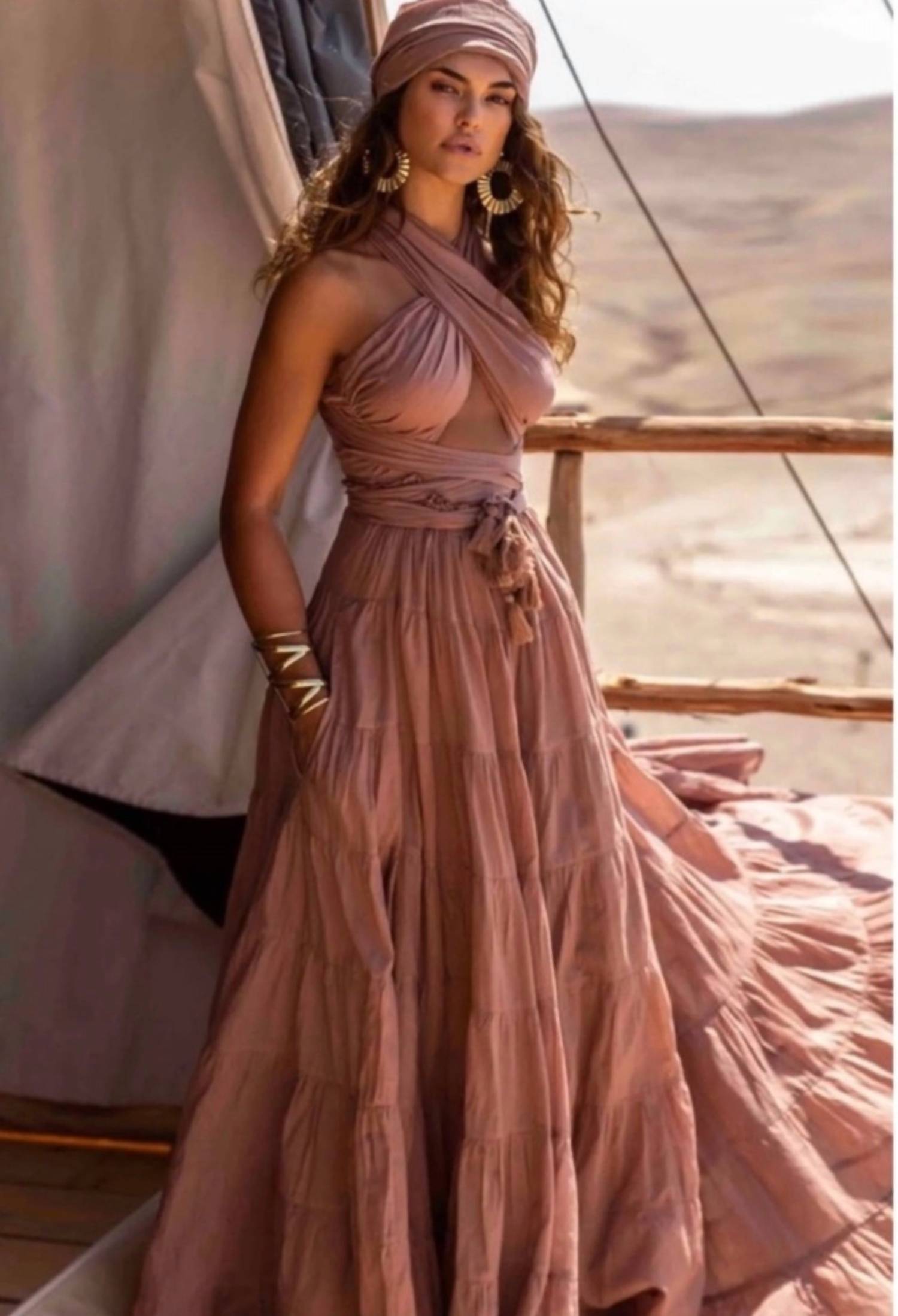 Erika Peña Selma Bohemian Maxi Dress in warm sand - women's dress - alternate view