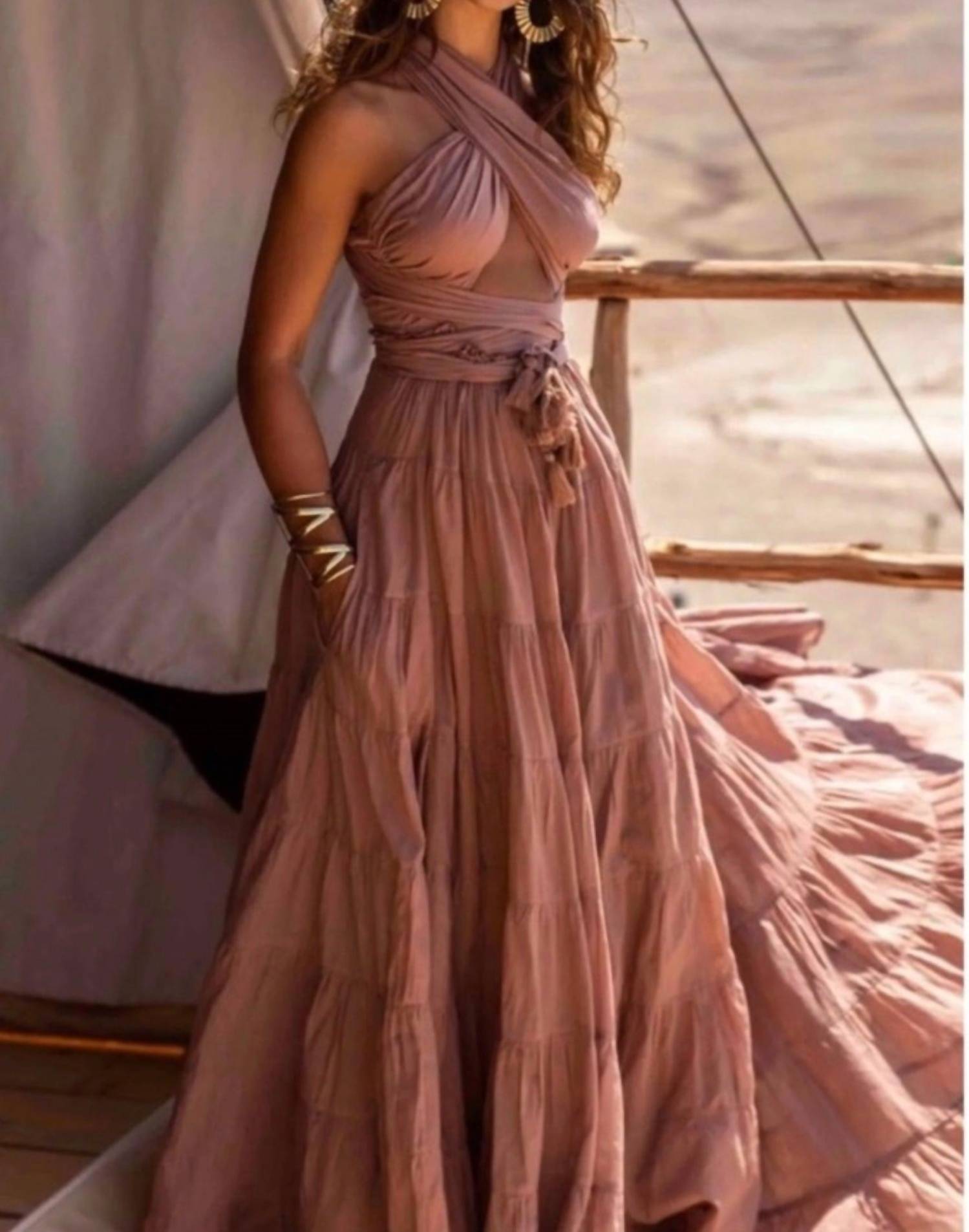 Erika Peña Selma Bohemian Maxi Dress in warm sand - women's dress - detail view