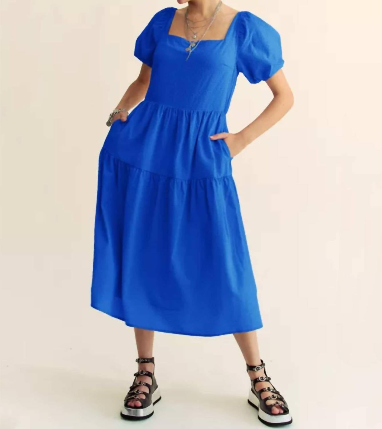 DAVI & DANI Textured Puff Sleeve Midi Dress in blue - women's dress