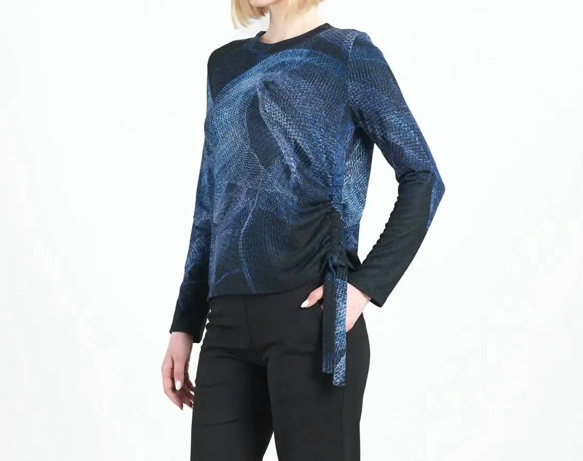 CLARA SUNWOO Lightweight Cozy Side Pull Tie Sweater Top in purple black - women's sweater - detail view