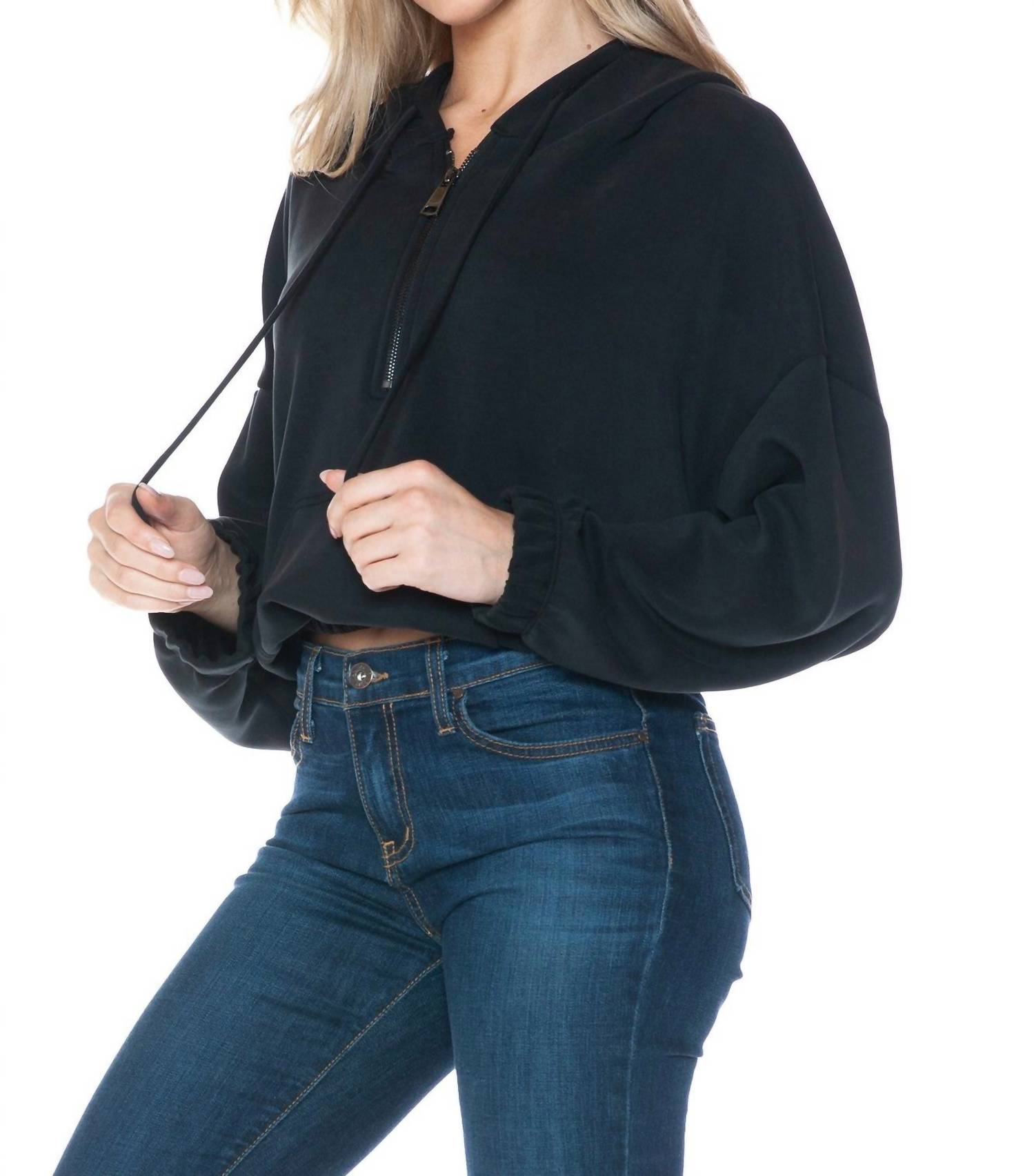 ariella Cropped Long Sleeve Hoodie With Zipper in black - women's top - detail view
