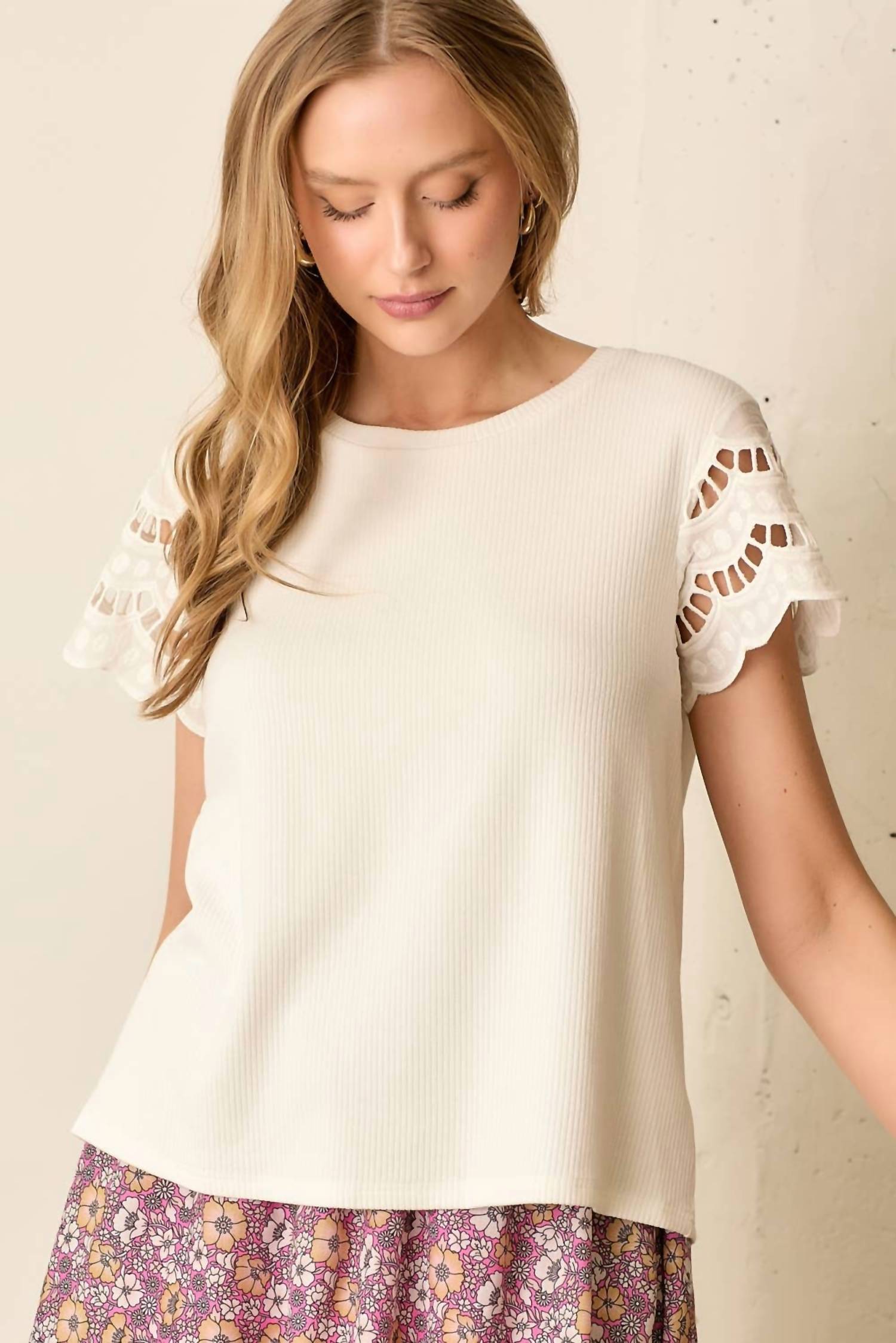 Polagram - Loretta Eyelet Short Sleeve Ribbed Top