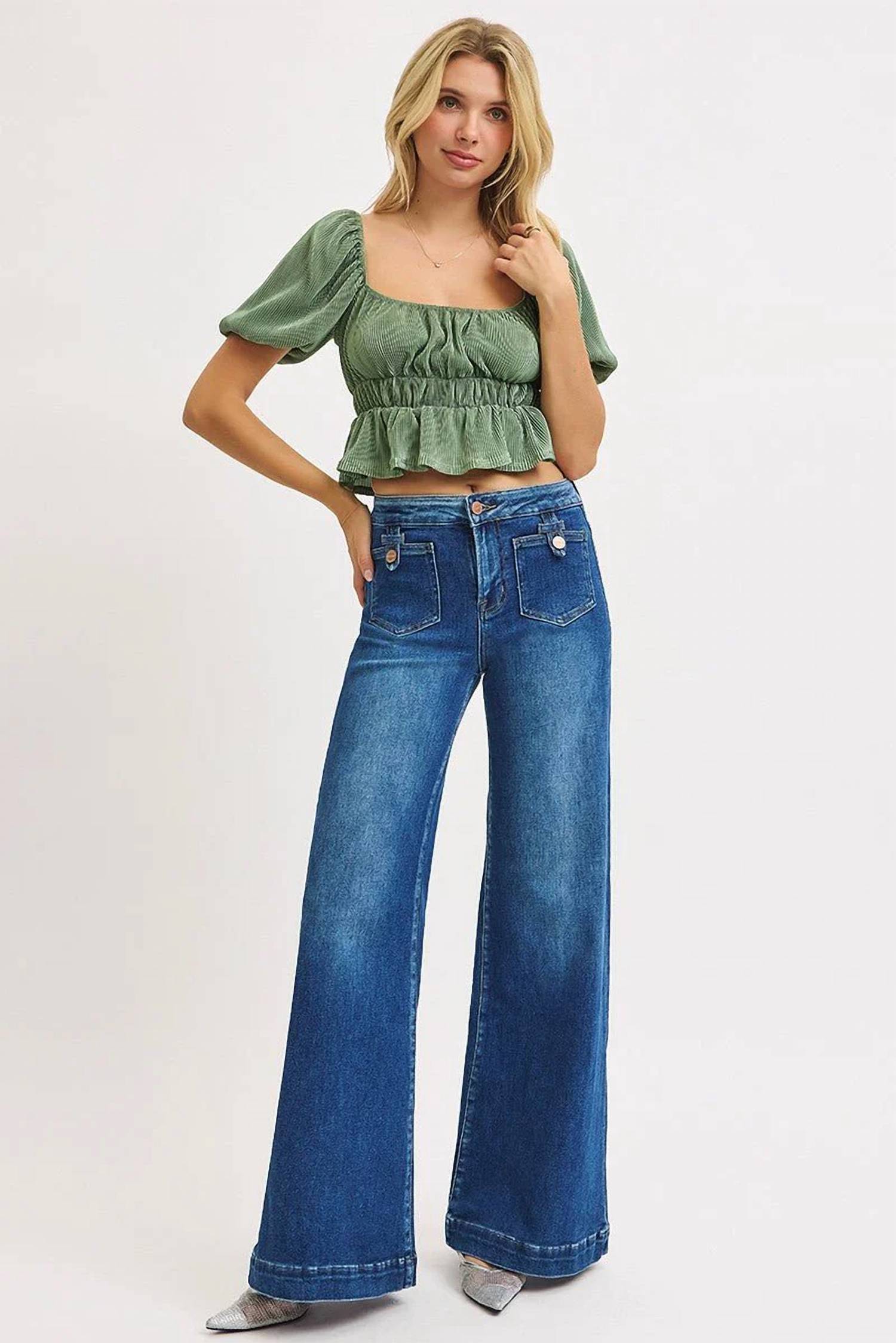 Risen - Mid-rise Wide Front Patch Pocket Western Jeans
