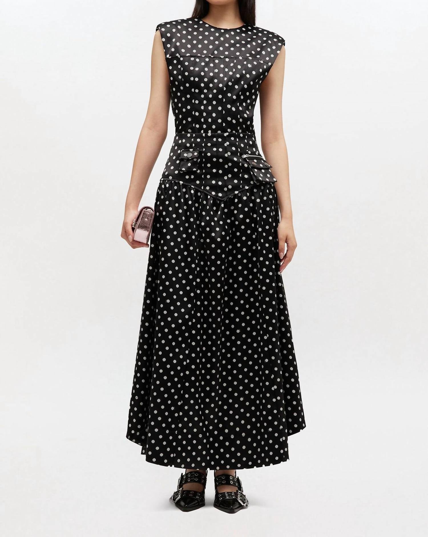 Ganni - Polka-dot Satin Corset Maxi Skirt