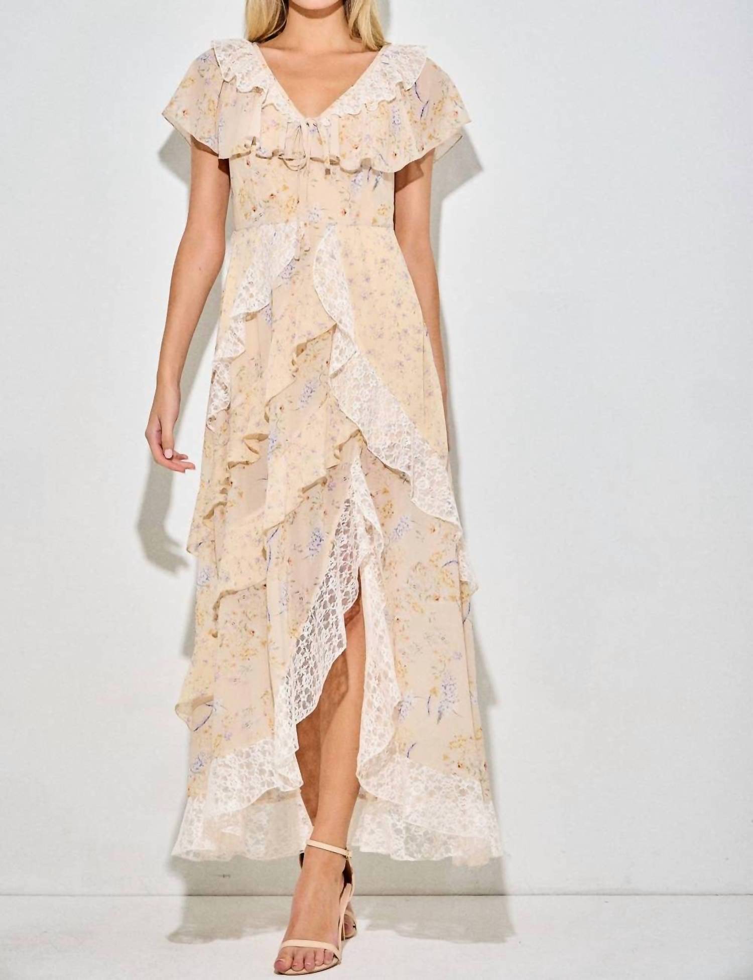 Baevely by Wellmade Floral Ruffle Tiered Maxi Dress in light yellow multi - women's dress