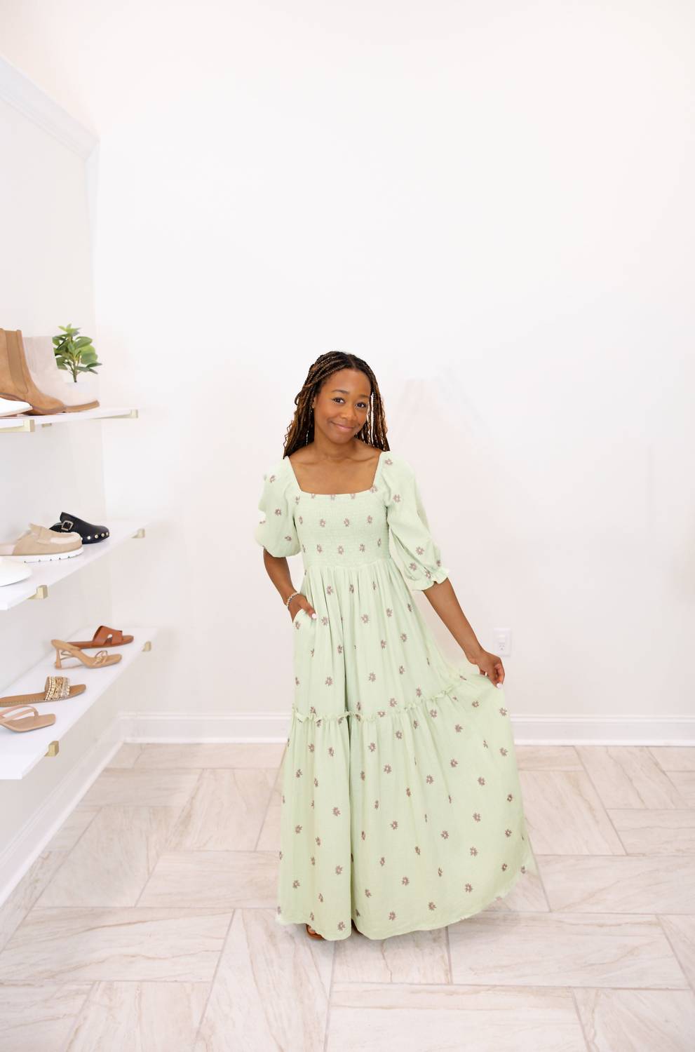 J.NNA Flower Embroidered Maxi Dress in green - women's dress