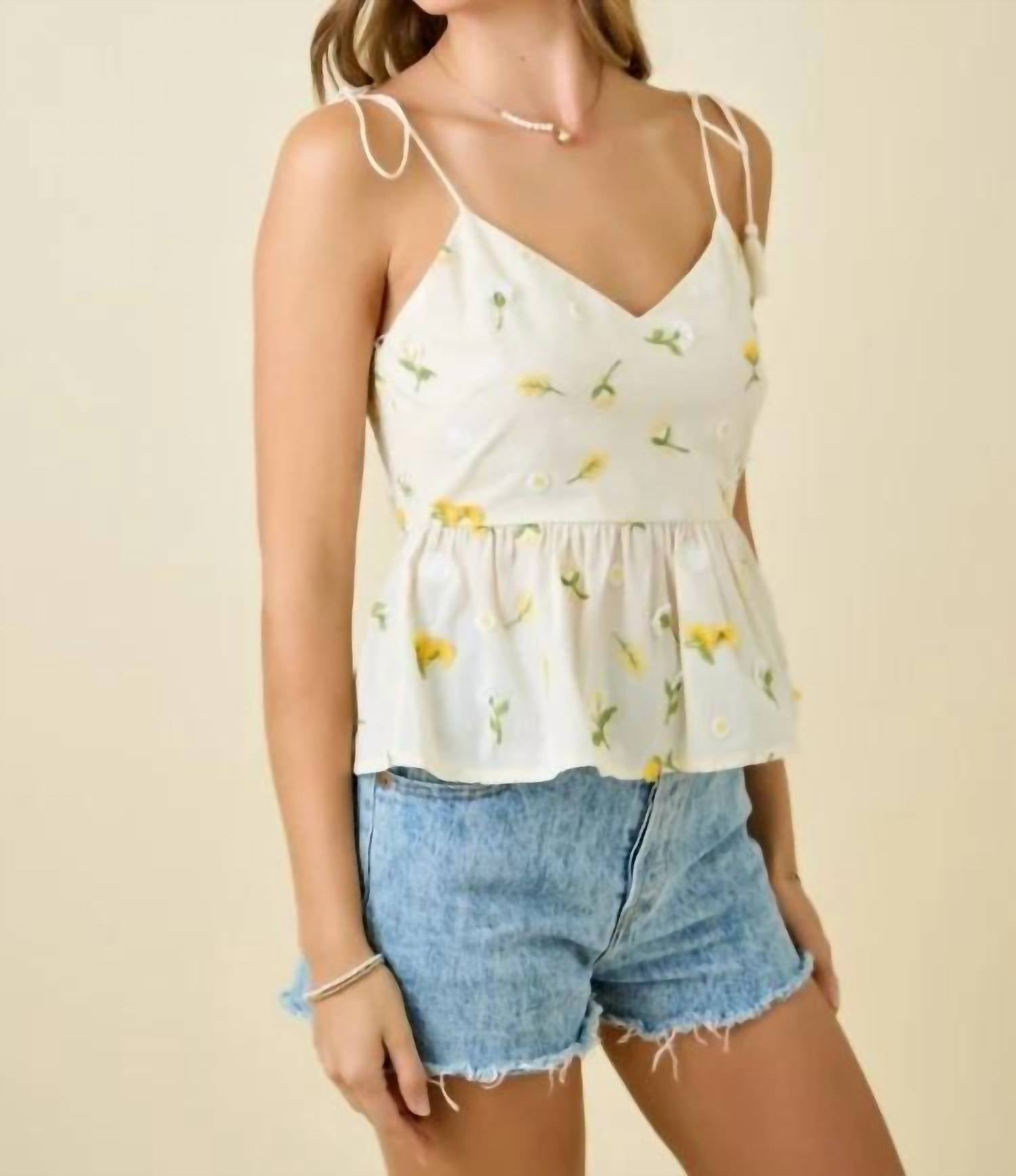 Day + Moon - Floral Embroidered Empire Waist Camisole Top