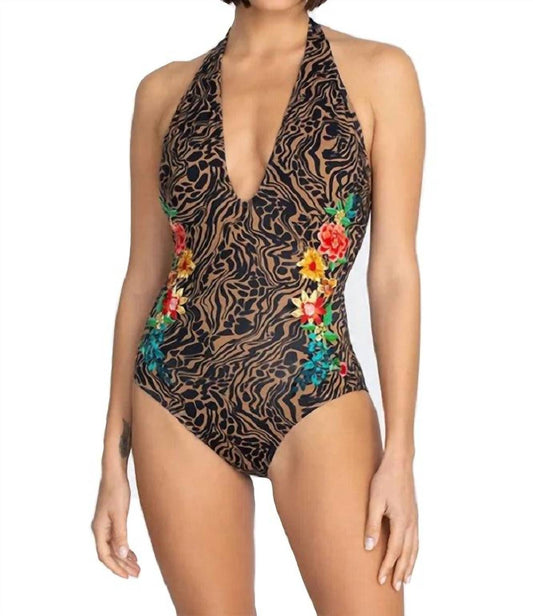 HALTER EMBROIDERED ONEPIECE SWIMSUIT