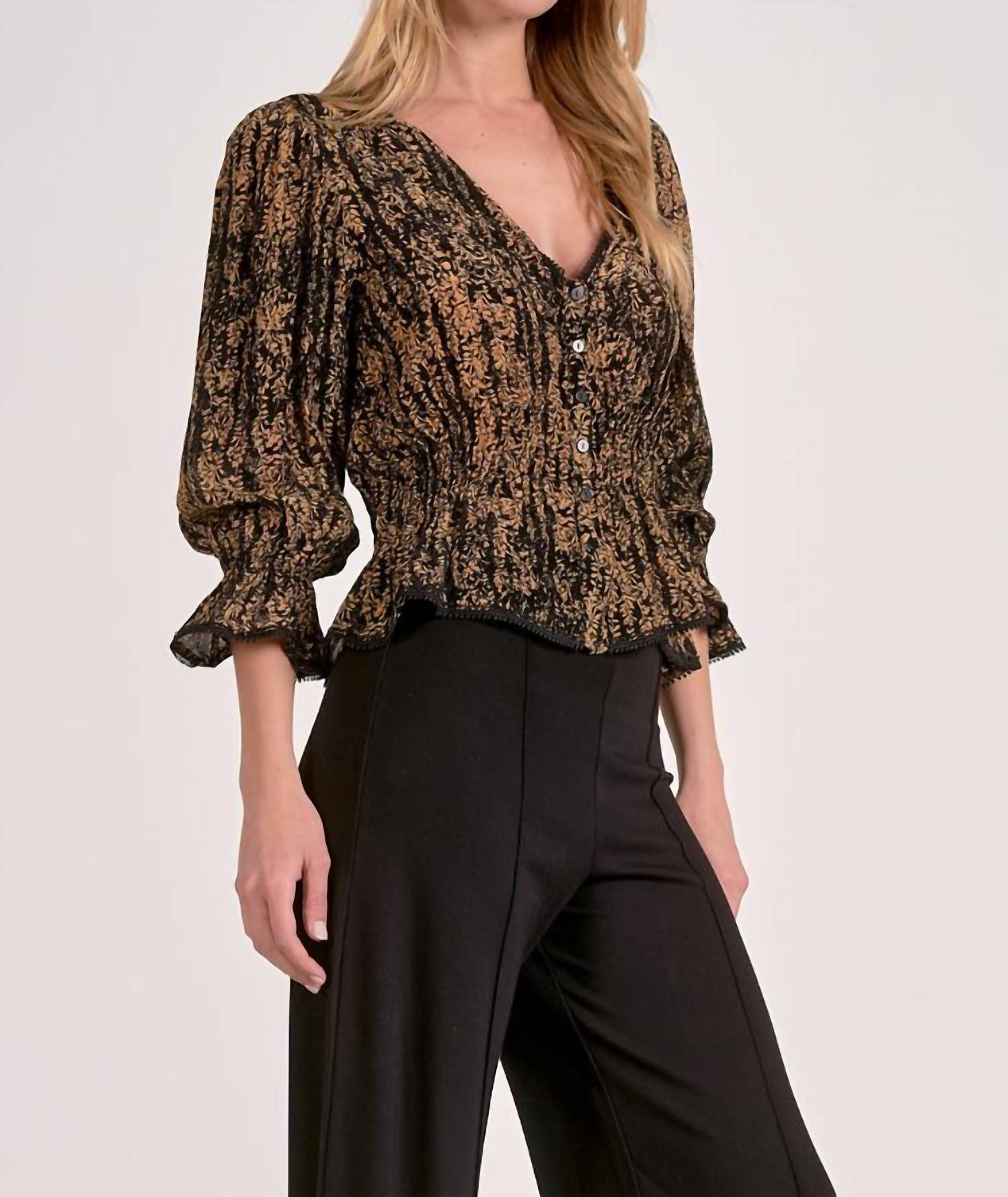 Elan - Autumn Blouse Smocked Ruffle Long Sleeve Top