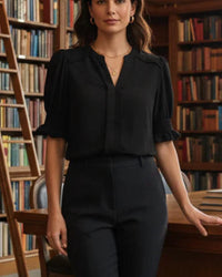 She + Sky - Short Smocked Sleeve Woven Top
