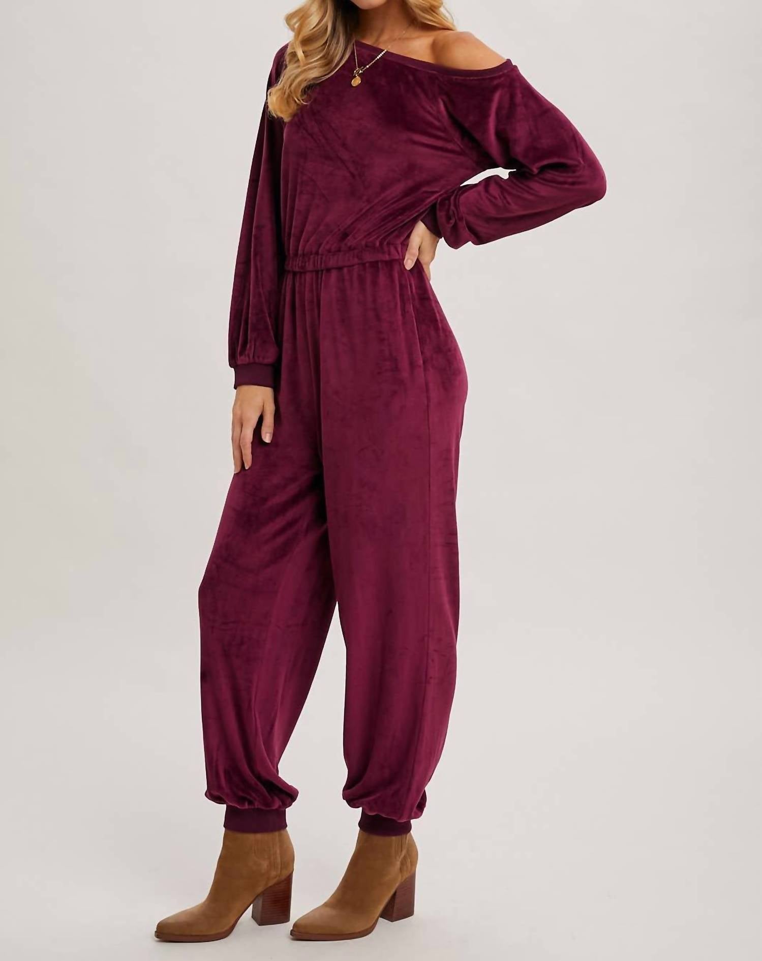 Bluivy - Velvet One Shoulder Boat Neck Jumpsuit