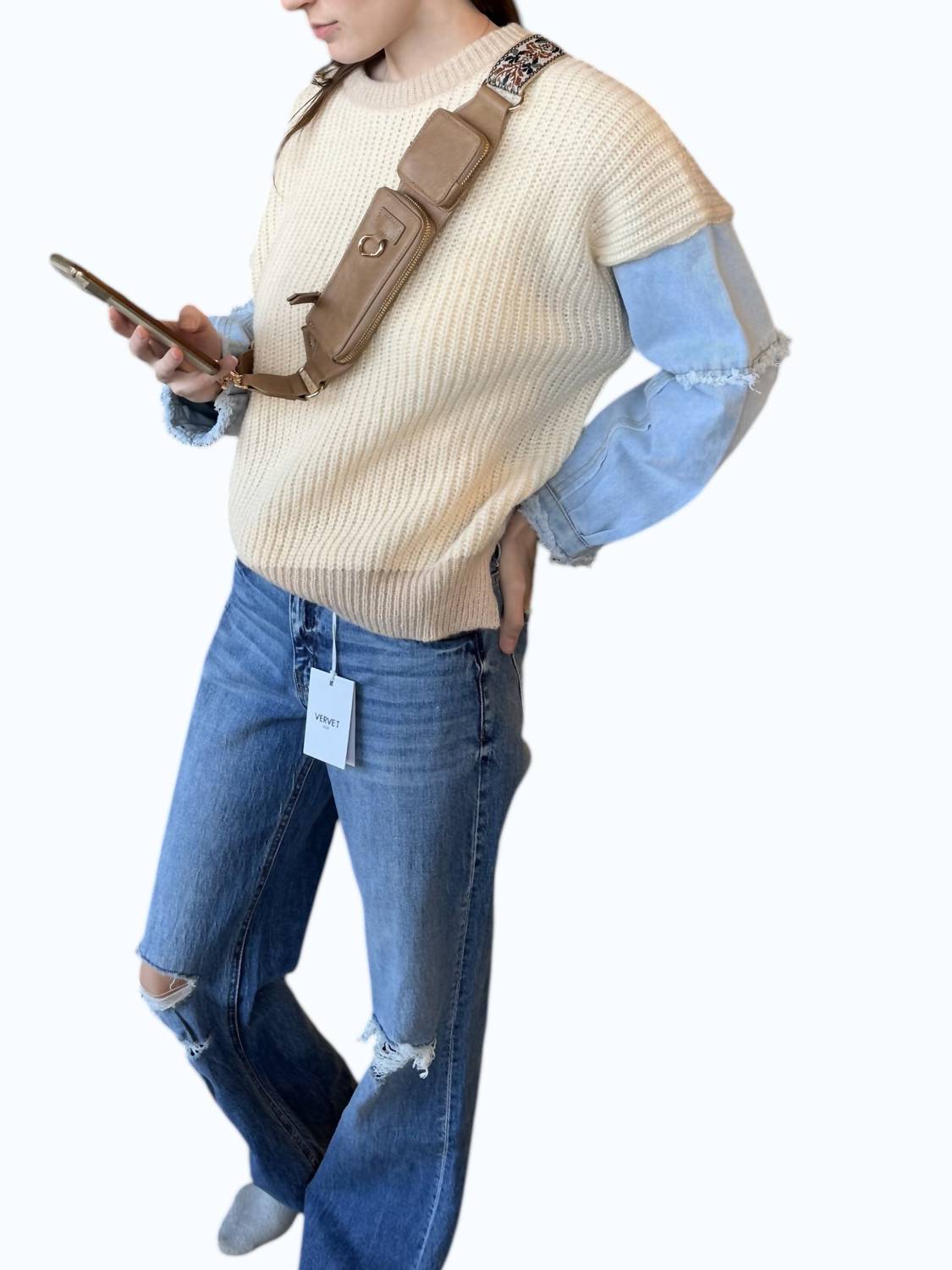 Adora - Denim Sleeve Colorblock Sweater Top