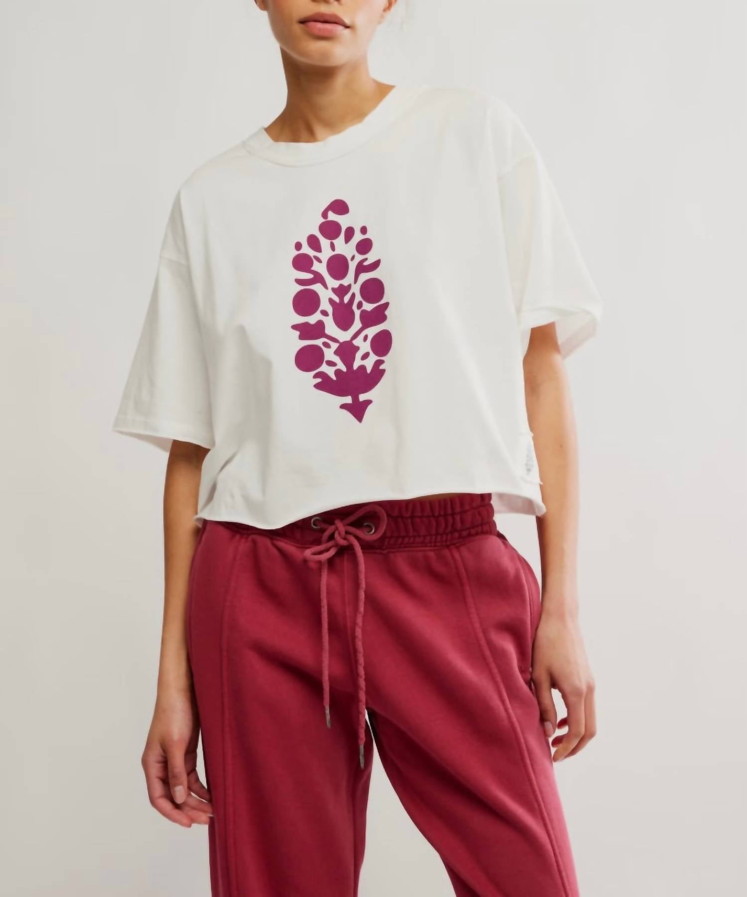 Free People Inspire Logo Oversized Cropped Tee in white deep mulberry - women's t-shirt