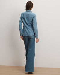 Veronica Beard Eddie Embellished Chambray Shirt in riviera breeze - women's shirt - detail view