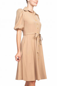 Sharagano - Collared Short Sleeve Button Front Closure Dress With Pockets