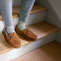 MINNETONKA Men's Pile Lined Hard Sole Moccasin Shoes in brown - men's loafer - view 7