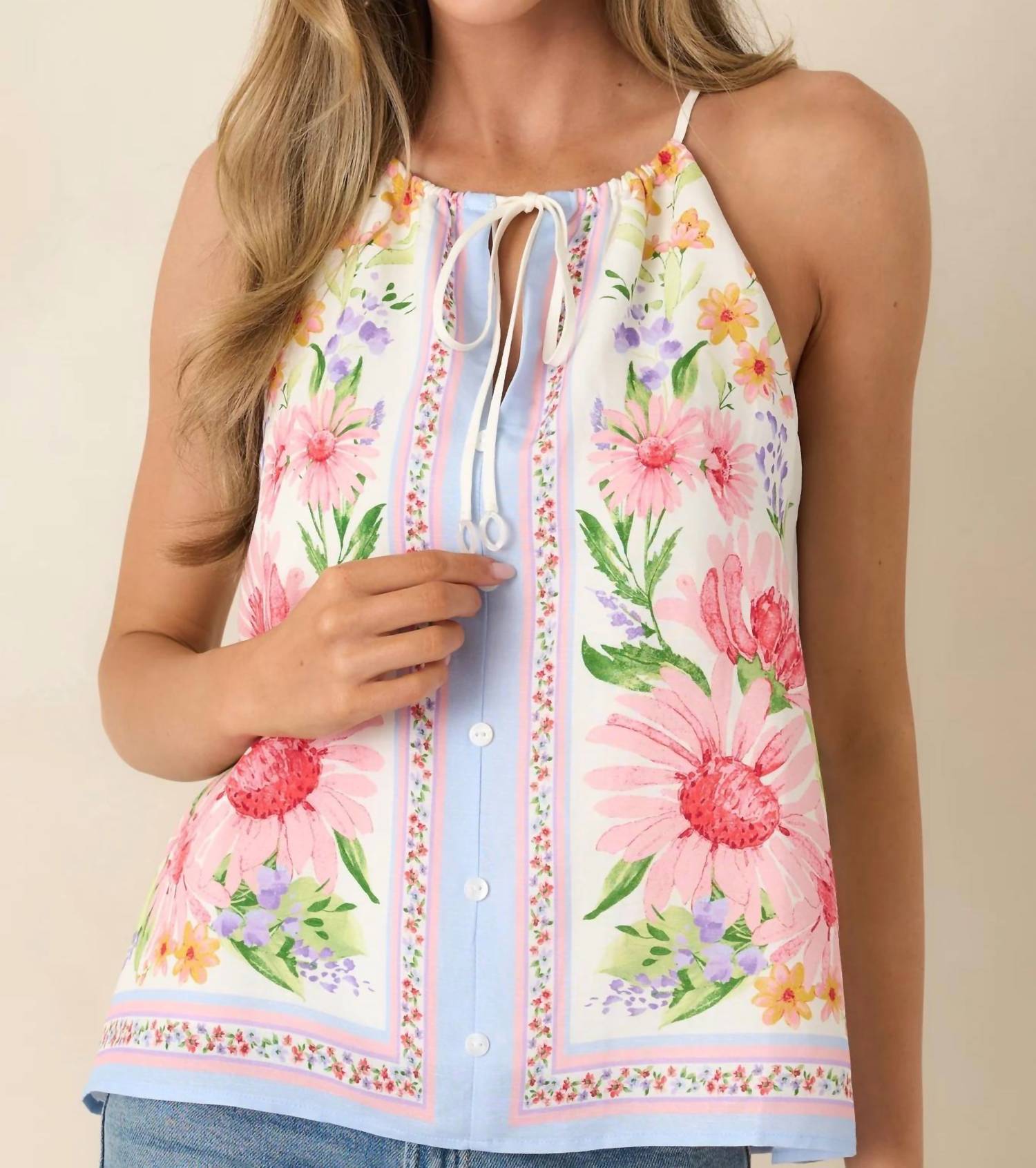 Skies Are Blue - Floral Border Print Halter Top