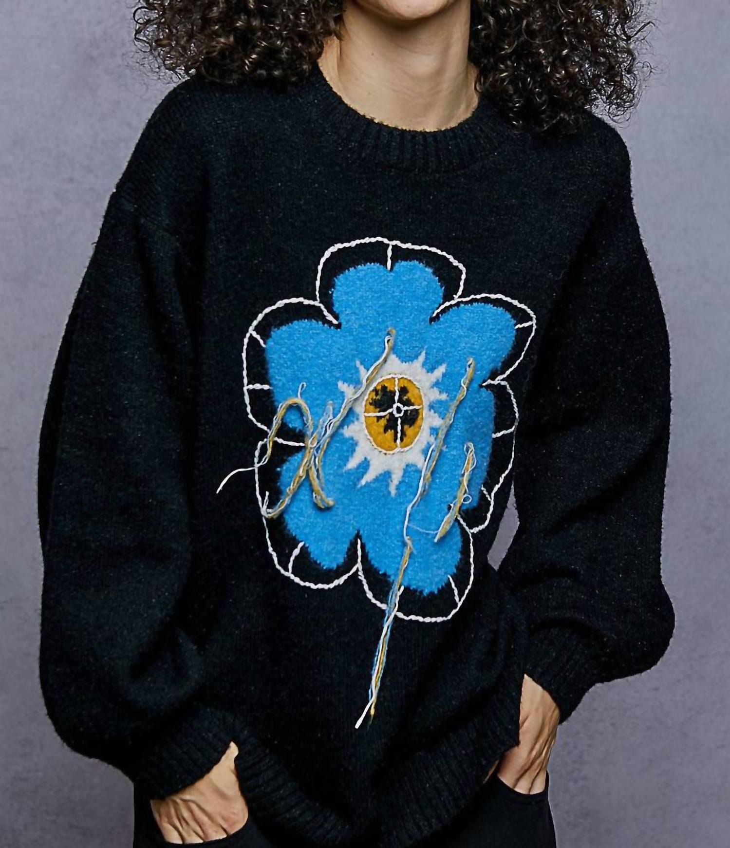 POL Floral Pattern Stiched Sweater in black - women's sweater