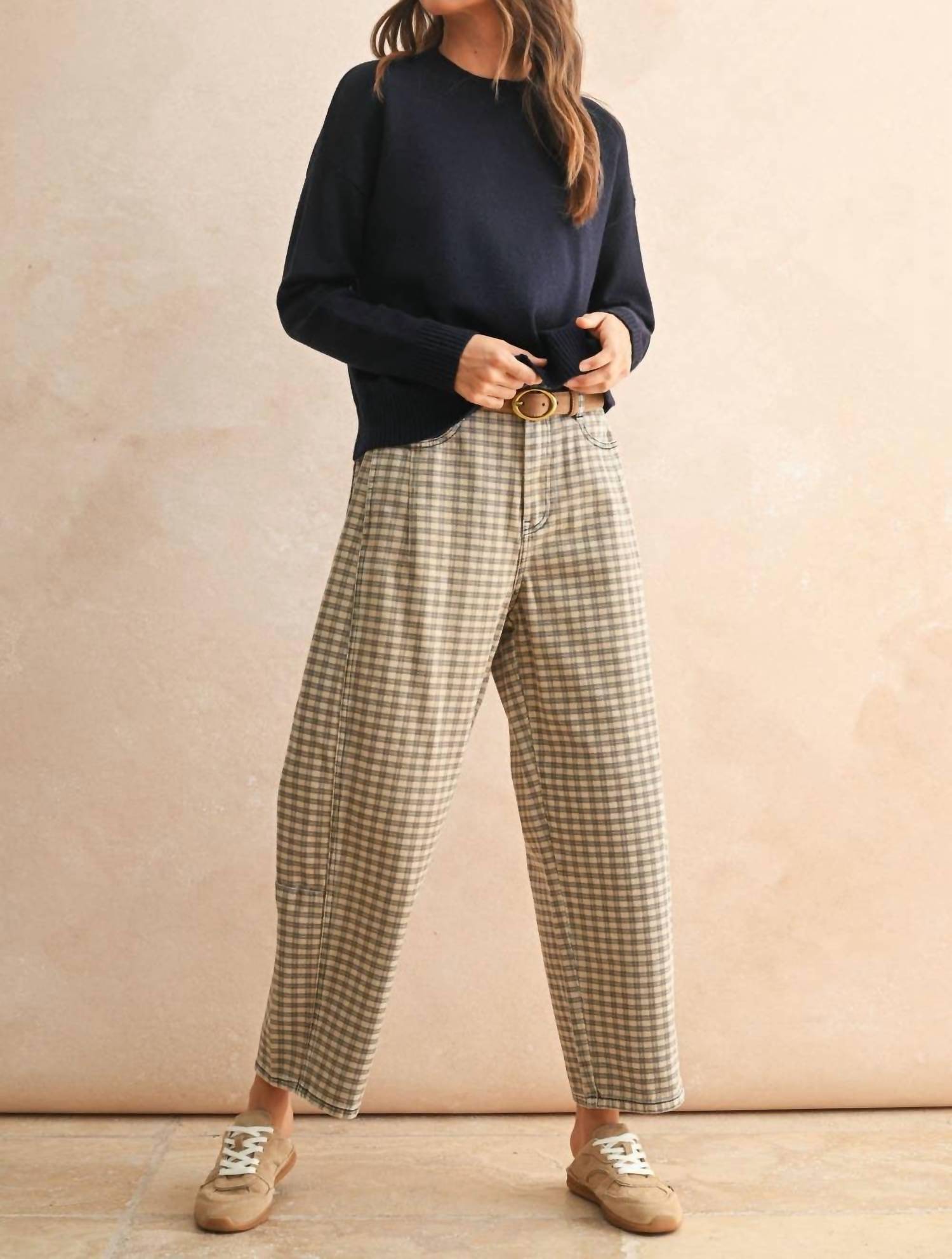 Miou Muse - Mini Checker Pattern Barrel Pants