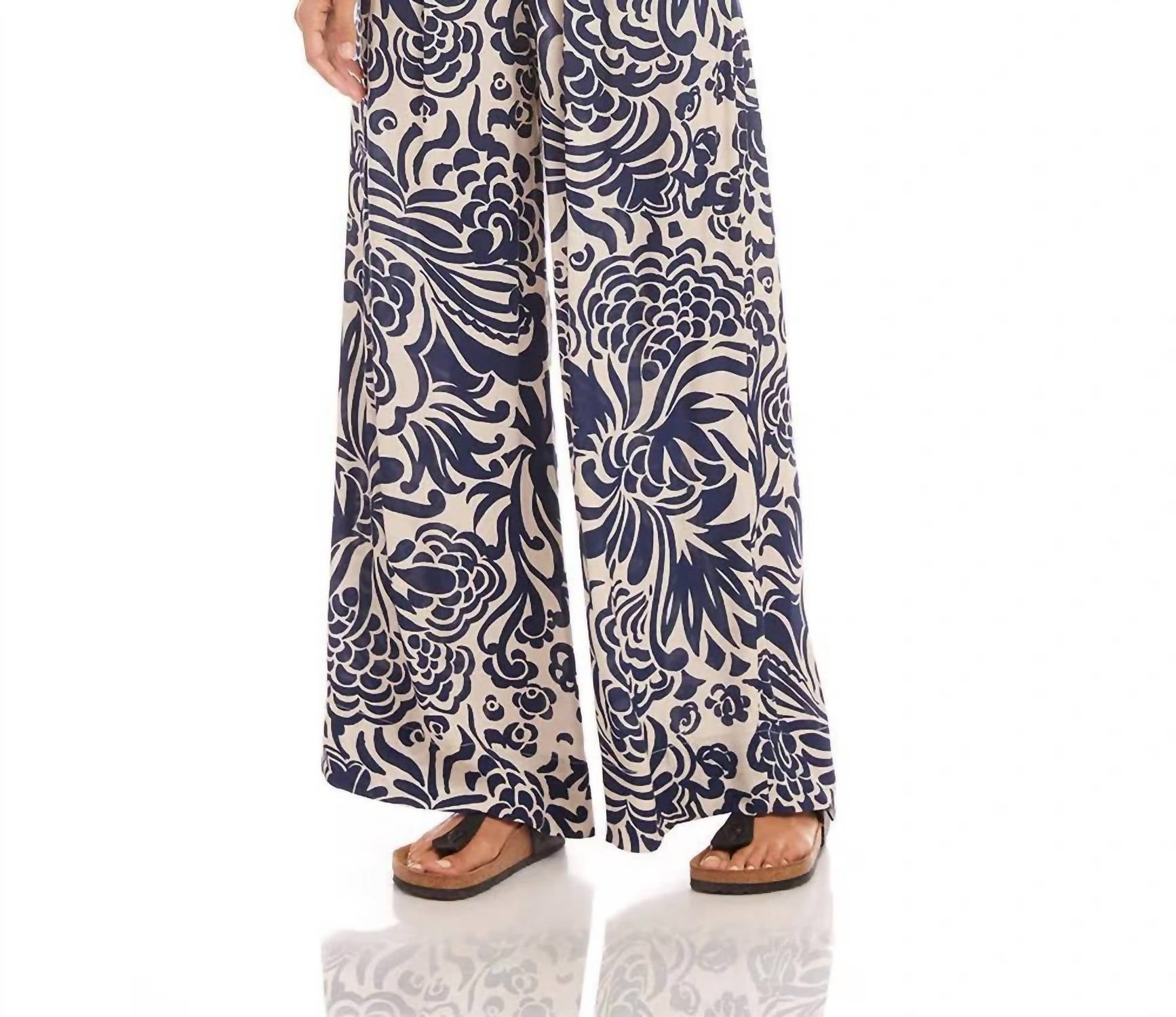 Karen Kane Nils Print Wide Leg Pants in navy and cream - women's pants