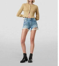 AllSaints Remi Cut Off Fray Hem Distressed Shorts in blue - women's shorts - detail view