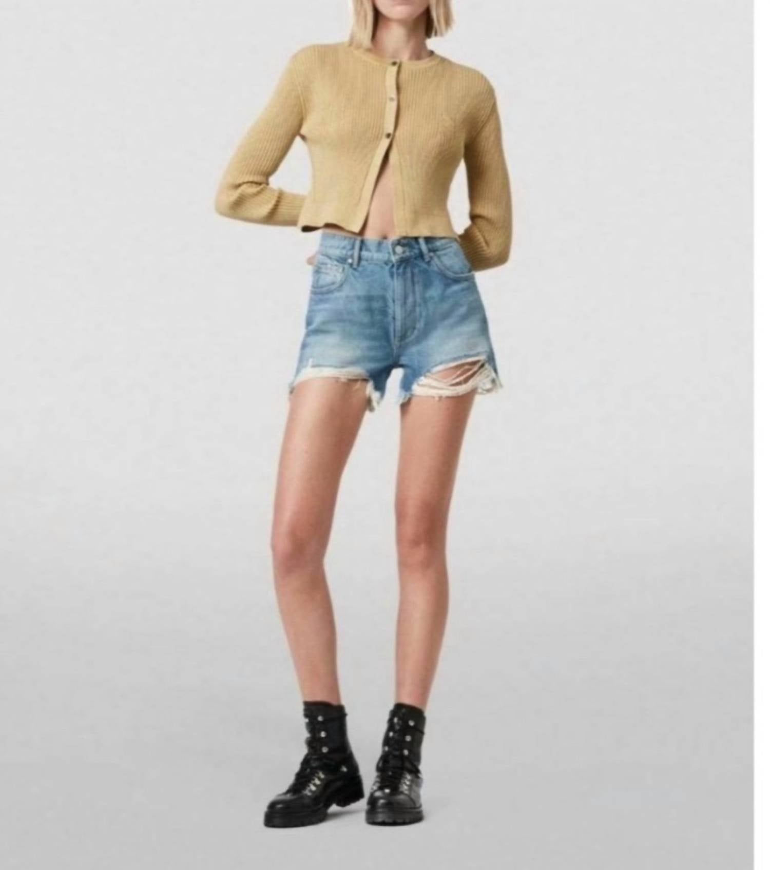 AllSaints Remi Cut Off Fray Hem Distressed Shorts in blue - women's shorts - detail view