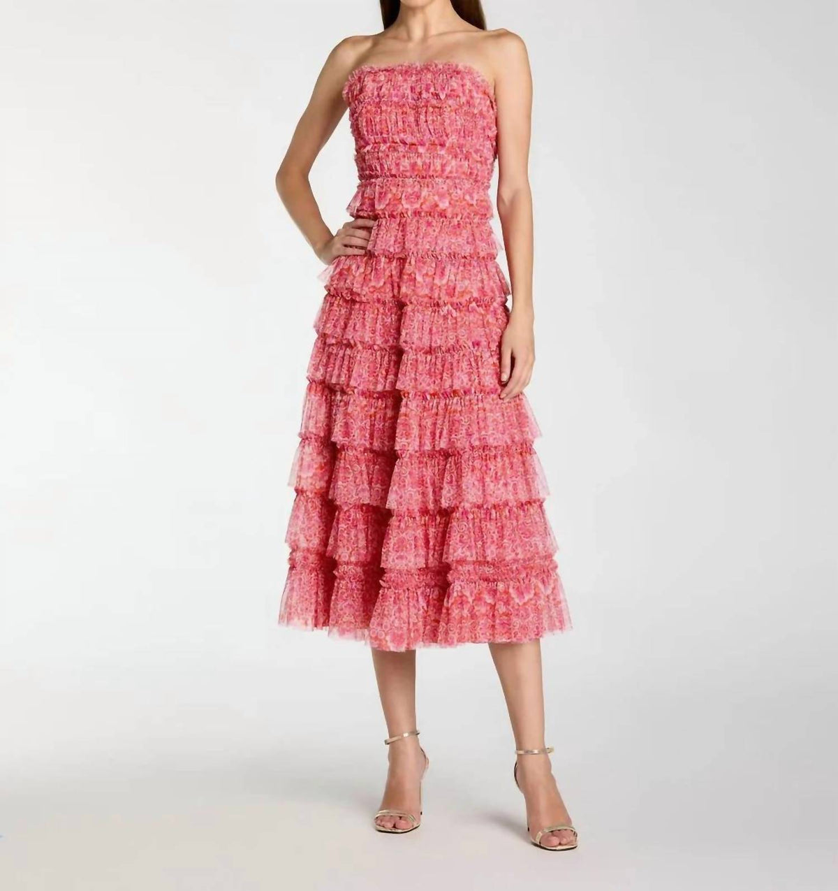 Mac Duggal - Floral Strapless Ruffle Midi Dress