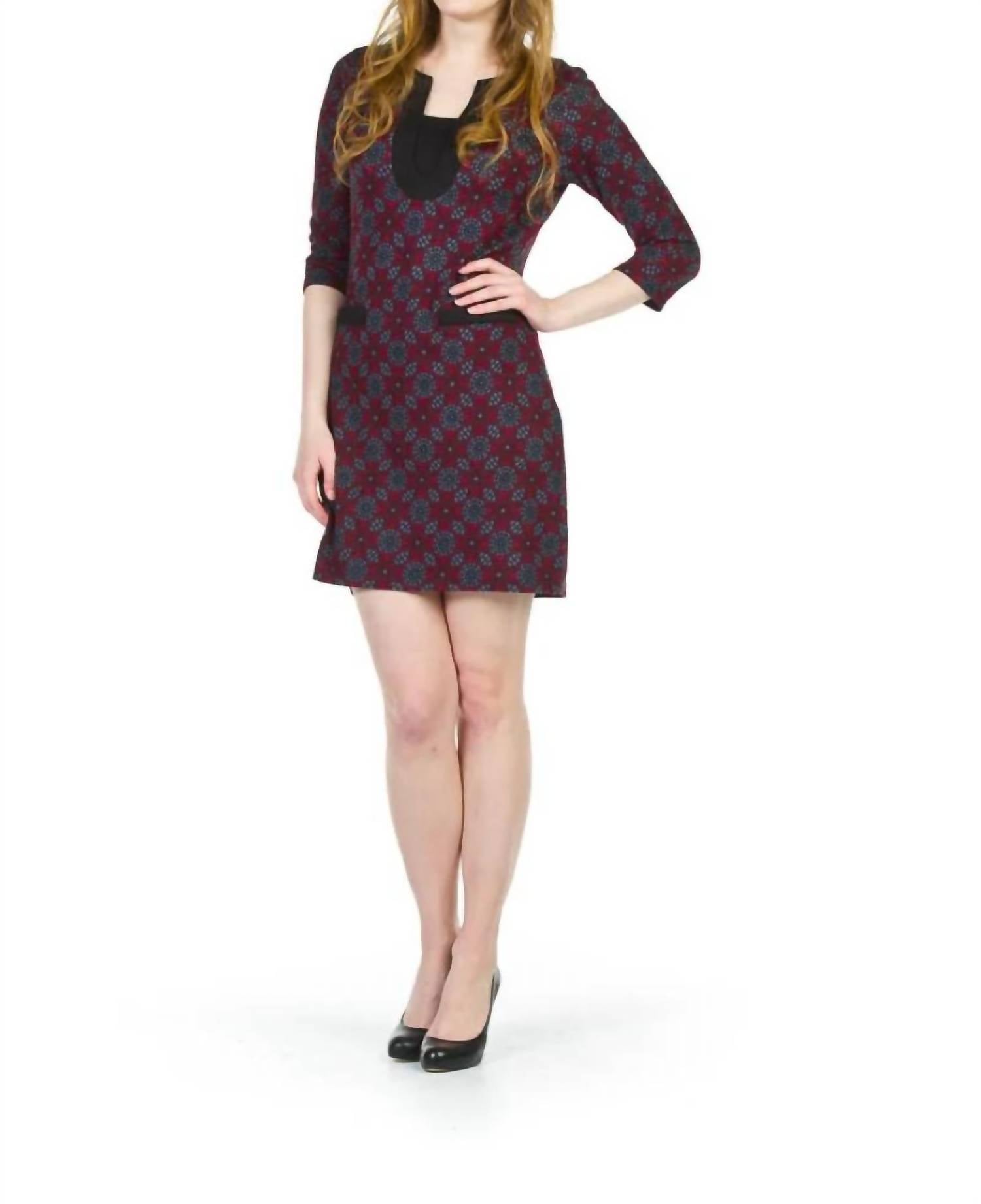Papillon - Multi Daisy Print 3/4 Sleeve Mock-v Dress