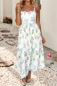 Little Daisy Closet - Contrast Trim Self-tie Straps Floral Midi Dress