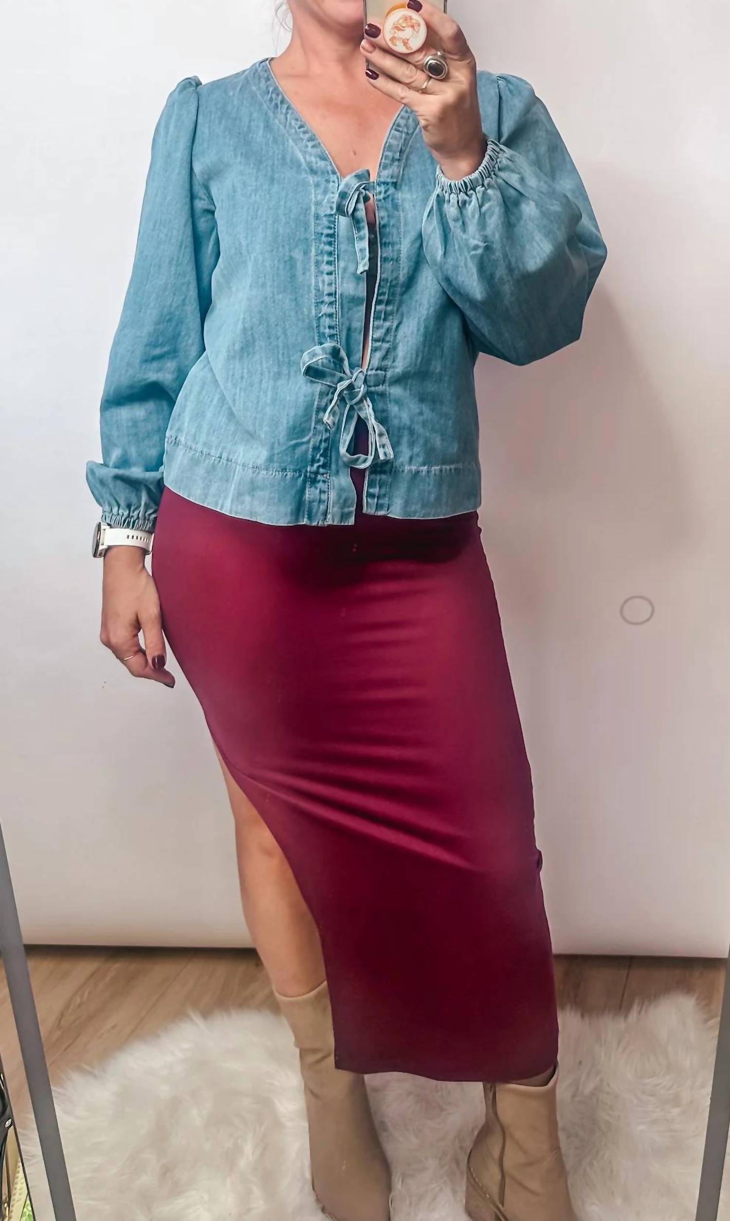 Little Daisy Closet - Tie Front Long Puff Sleeve Denim Top