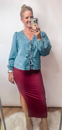 Little Daisy Closet - Tie Front Long Puff Sleeve Denim Top