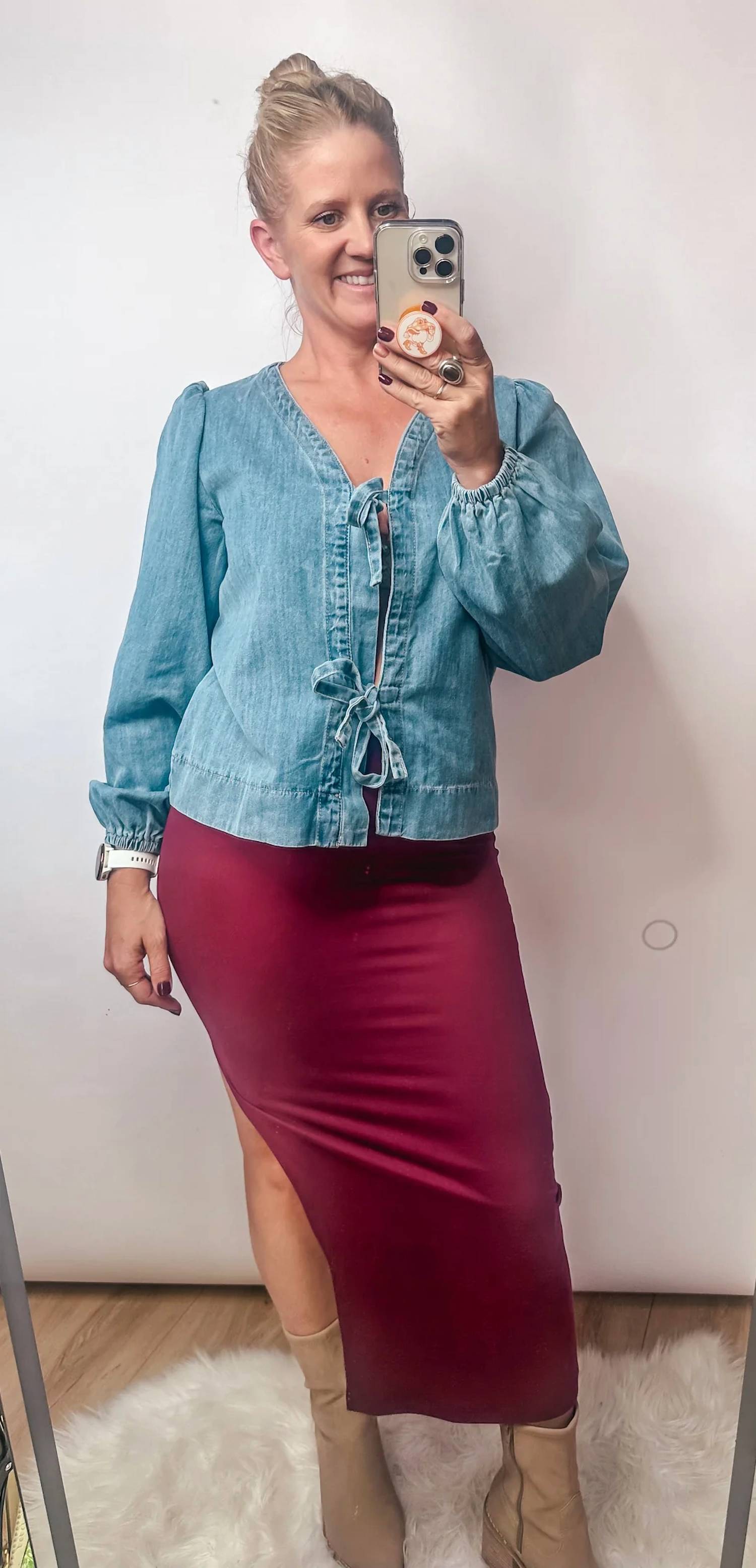 Little Daisy Closet - Tie Front Long Puff Sleeve Denim Top