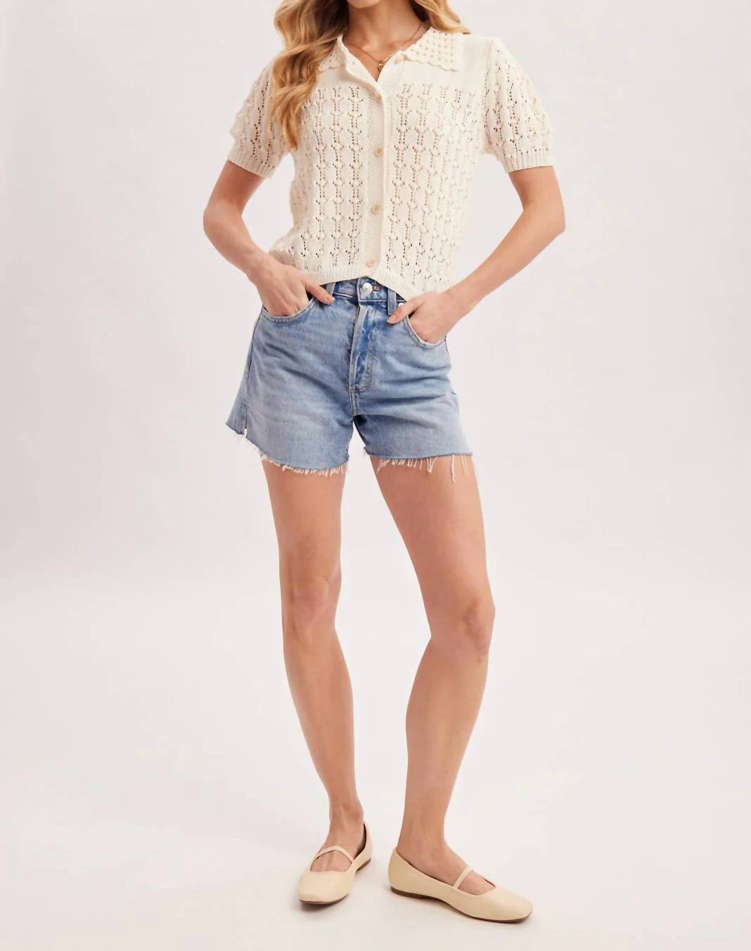 Bluivy - Pointelle Button Down Shirt Knit Cardigan