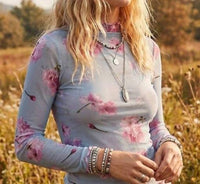 Davi & Dani - Floral Mesh Mock Neck Top