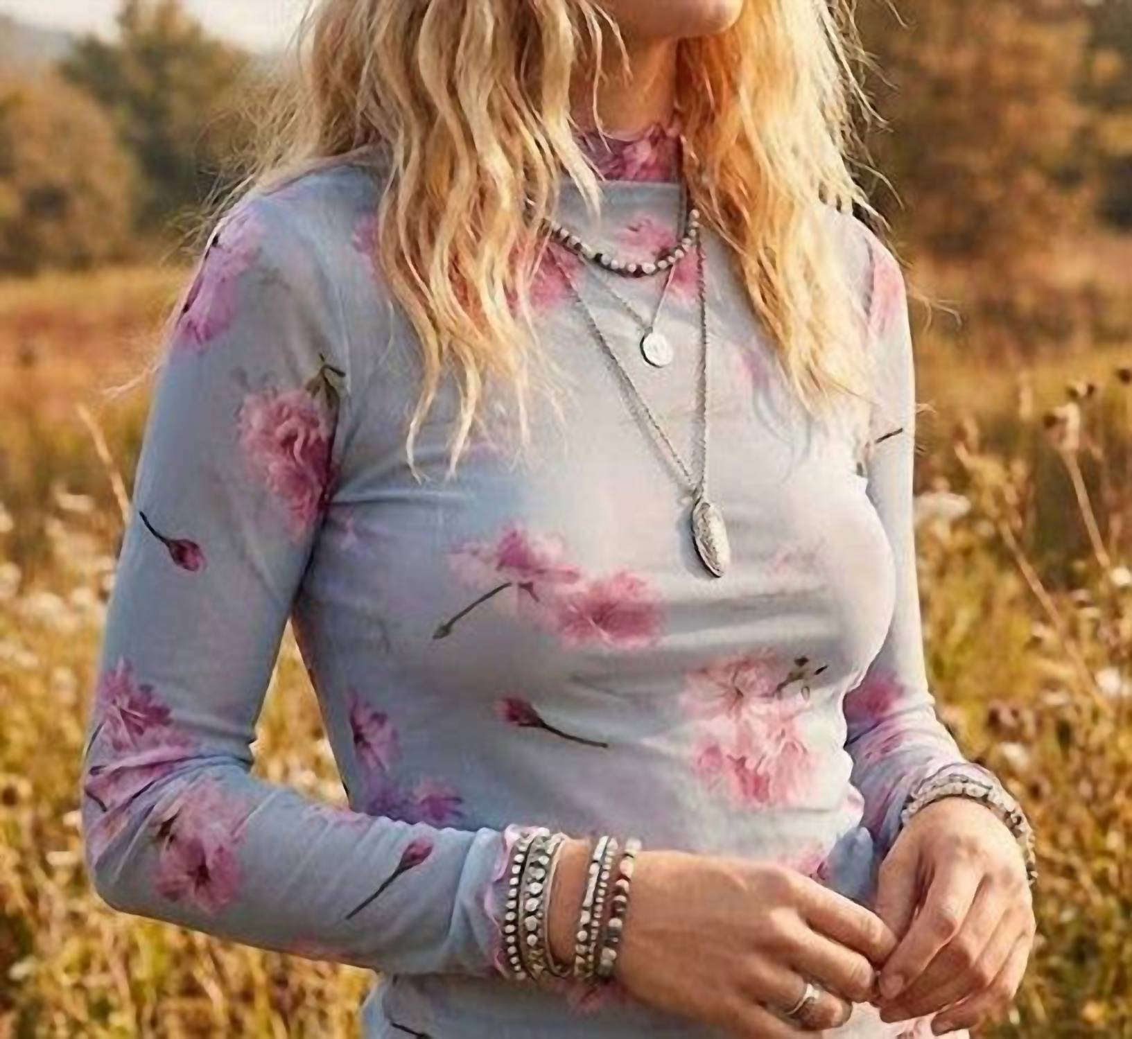 Davi & Dani - Floral Mesh Mock Neck Top