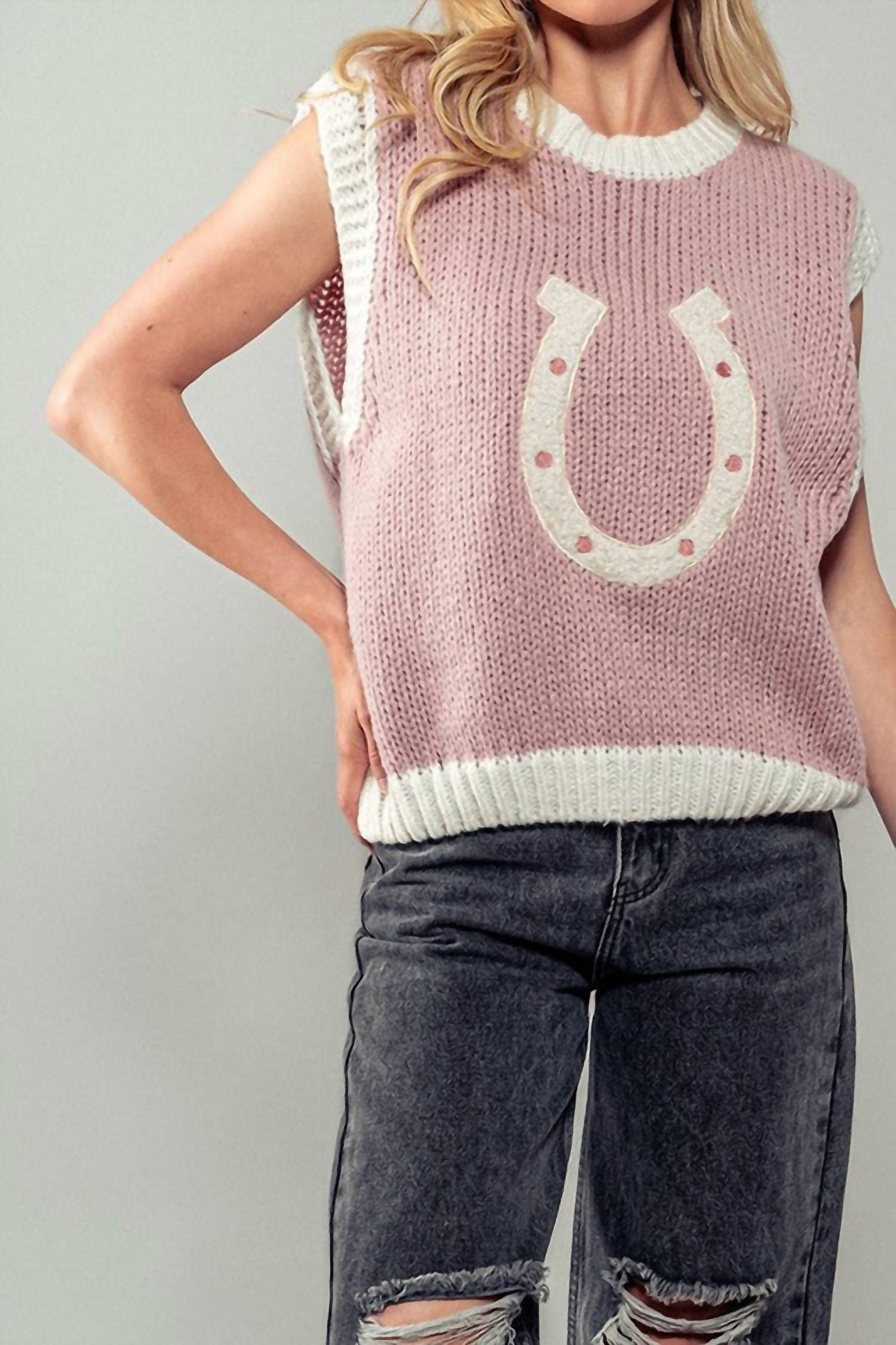 Urban Daizy Wild West Horseshoe Sweater Vest in pink - women's sweater - detail view