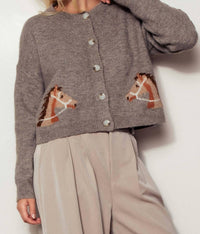 Urban Daizy - Western Horse Graphic Ribbed Trim Crew Neck Cardigan