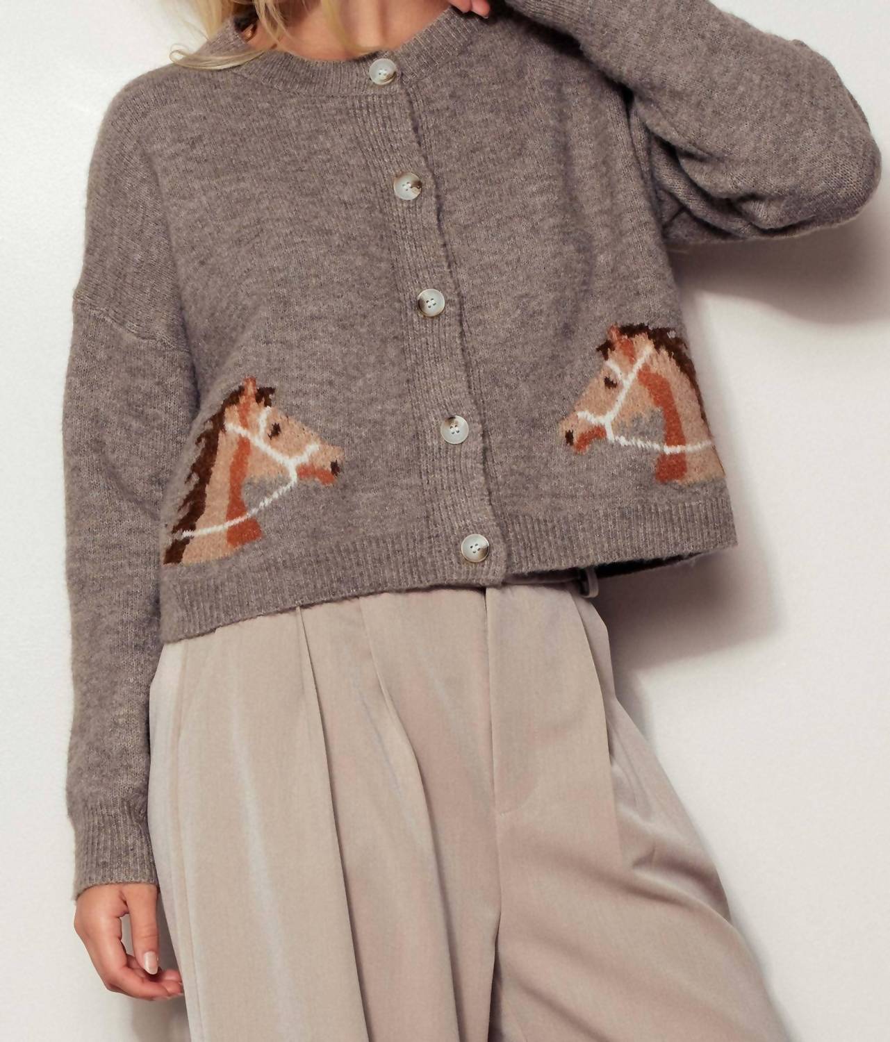Urban Daizy - Western Horse Graphic Ribbed Trim Crew Neck Cardigan