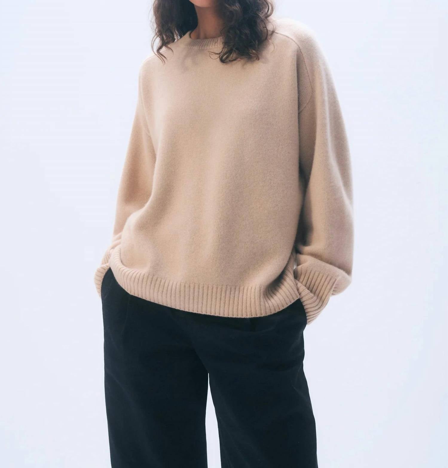 White + Warren Oversized Saddle Sleeve Crewneck Sweater in muted camel - women's sweater - detail view
