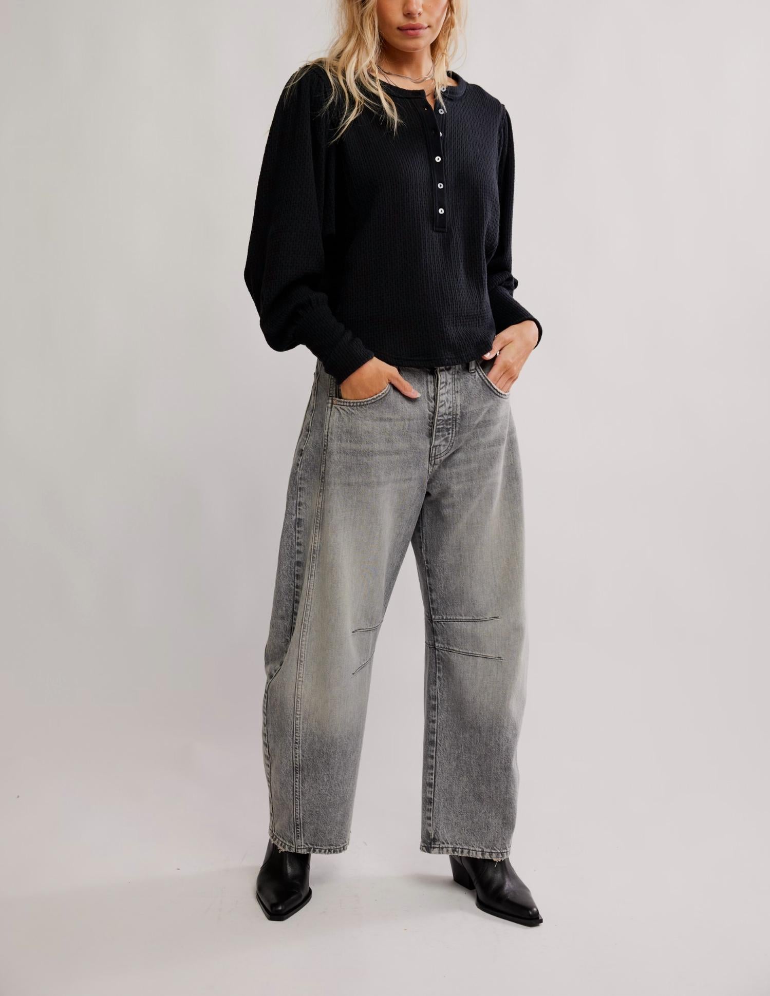 Free People Quinn Knit Top in black - women's top - detail view