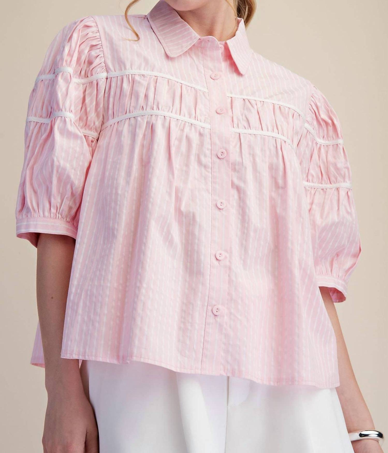 Glam - Puff Sleeve Contrast Detail Stripe Shirt Top