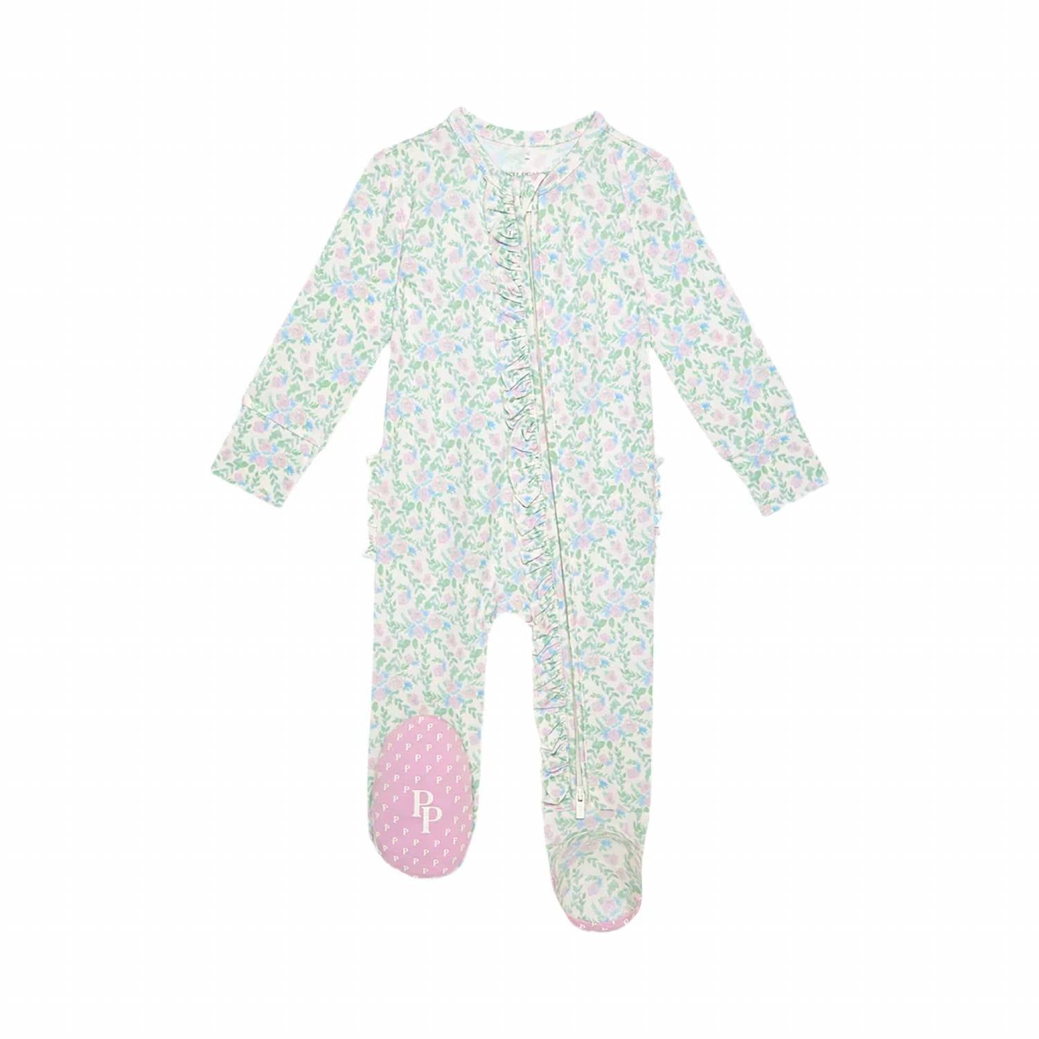 Posh Peanut - Baby Girls Ruffled Zippered Footie