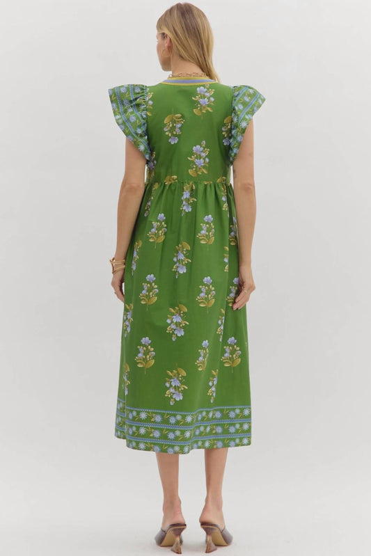 Entro - Split Neck Floral Framed Midi Dress