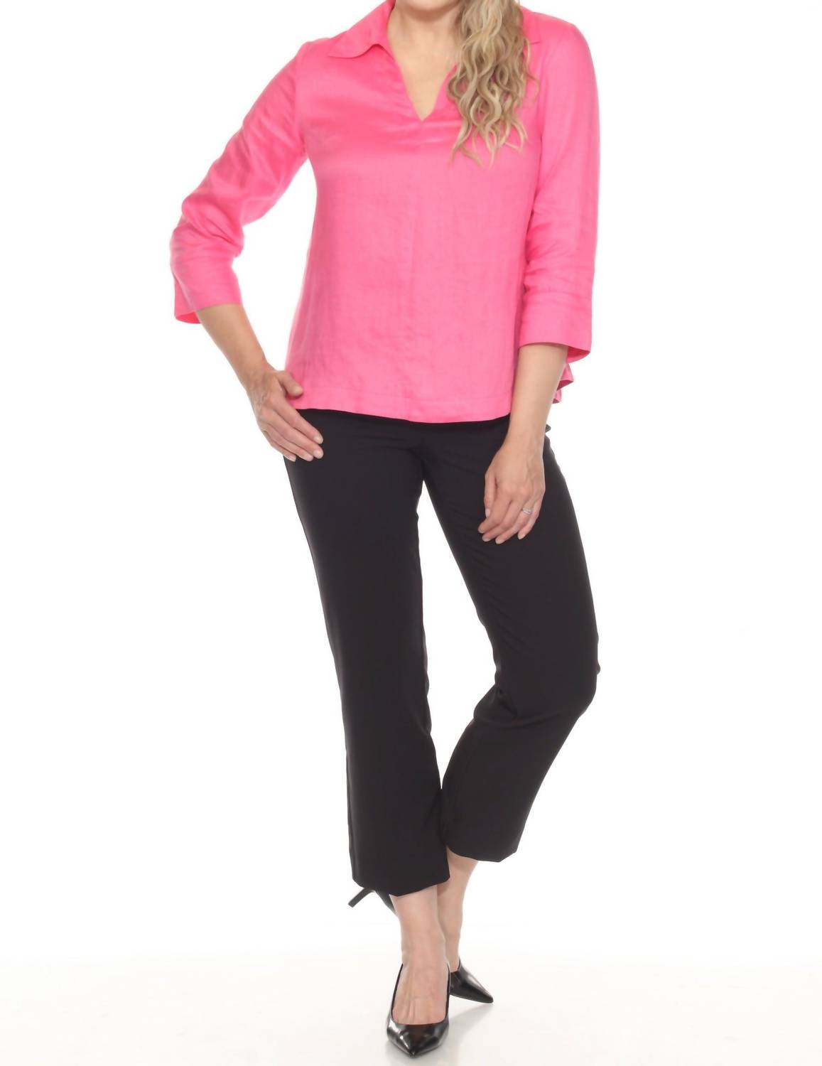 Joseph Ribkoff Collared V-neck 3/4 Sleeve Linen Top in bubble gum - women's blouse