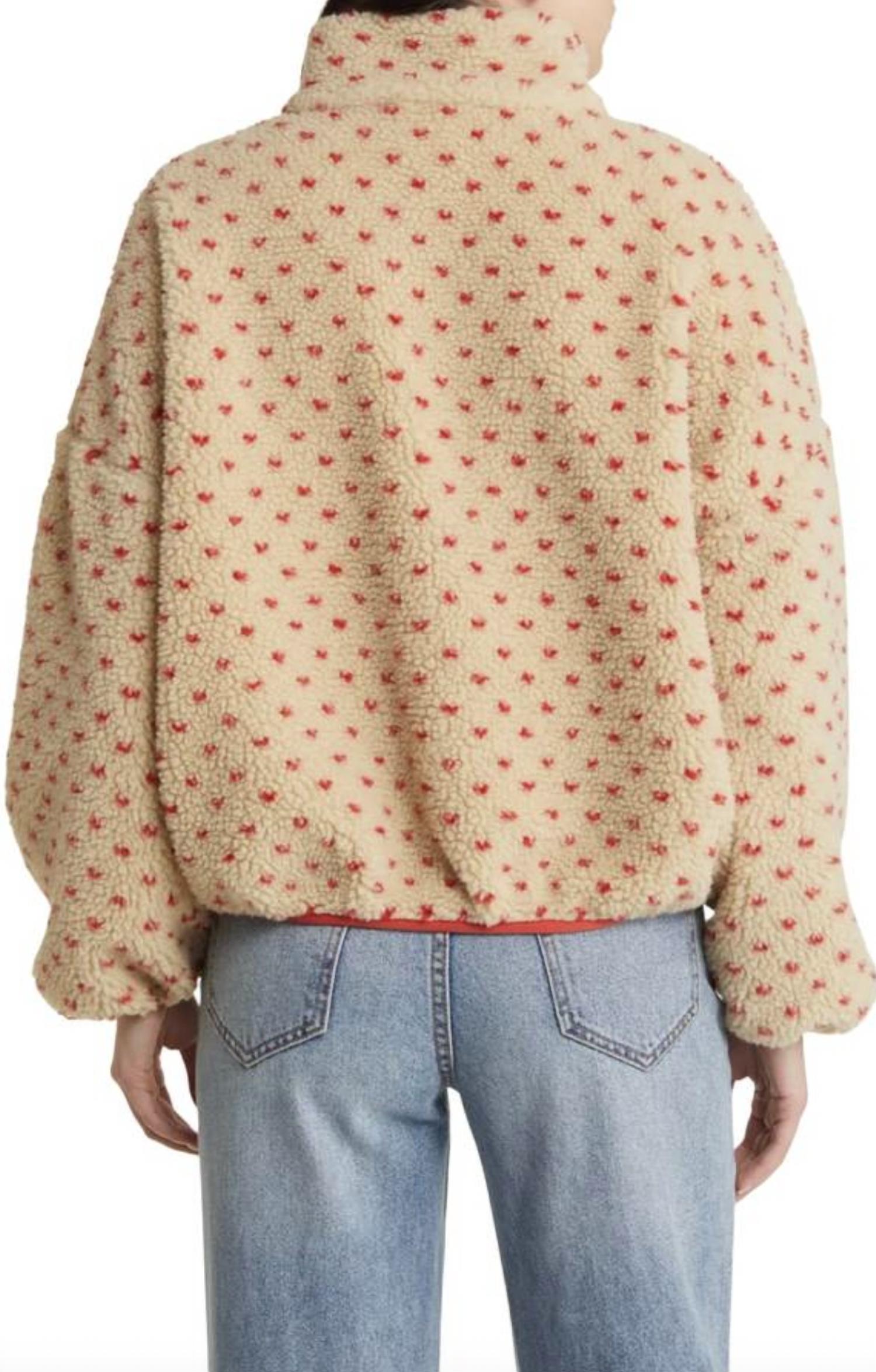 WISHLIST Haley Heart Sherpa Fleece Pullover Sweater in oat red - women's jacket - alternate view