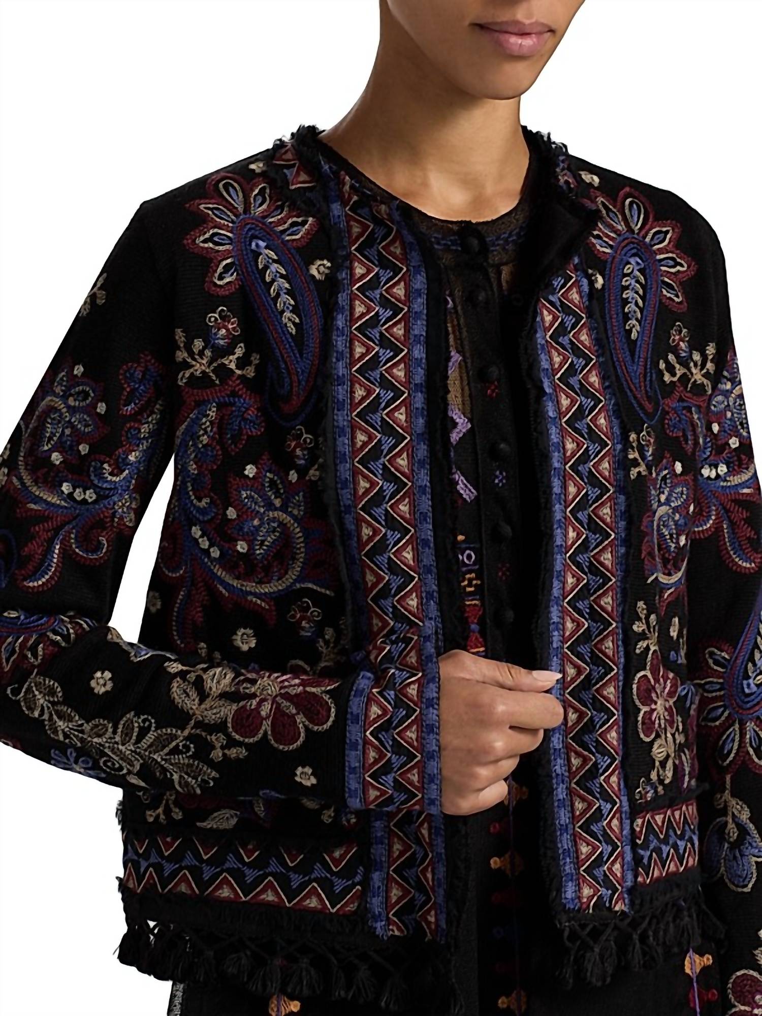 Johnny Was Women's Katiuska Short Fringe Jacket in black - women's jacket - detail view