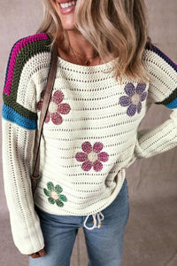Trendsi - Floral Long Sleeve Drawstring Sweater