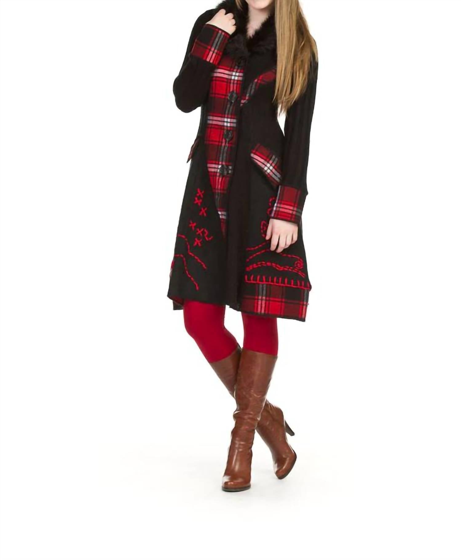 Papillon - Plaid Patch Long Duster Jacket With Fur Collar
