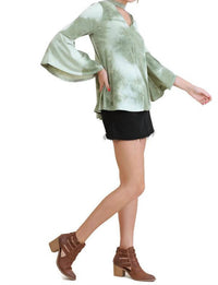 umgee Tie Dye Bell Sleeve Top in sage - women's blouse - alternate view