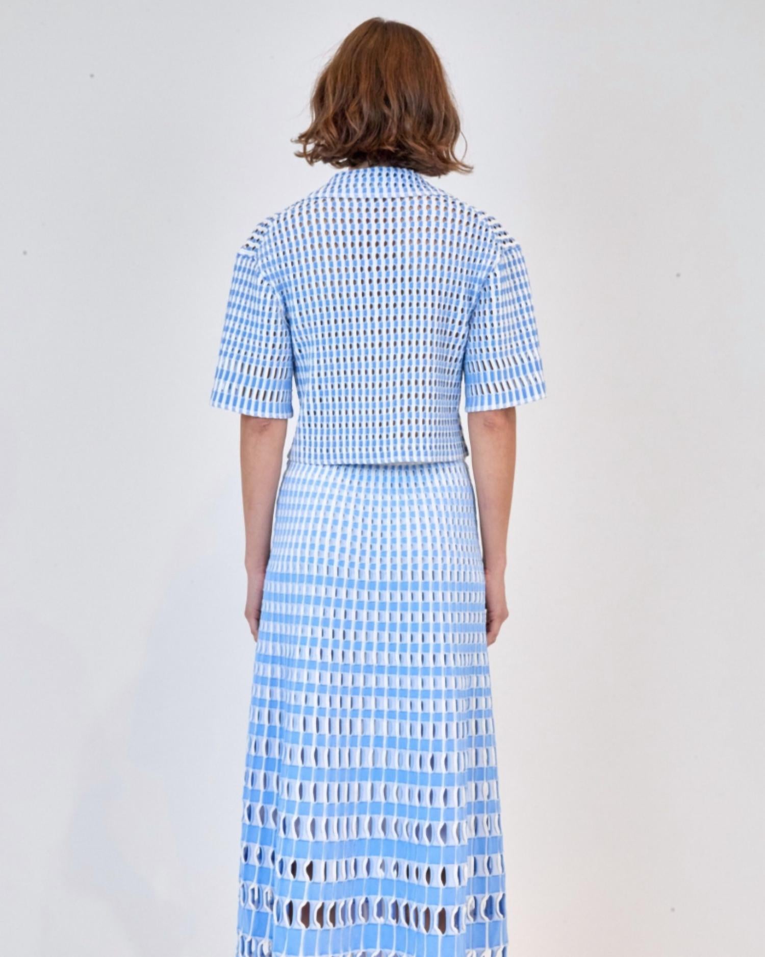 SIMKHAI Adley Cropped Polo in blue hydrangea multi - women's shirt - detail view